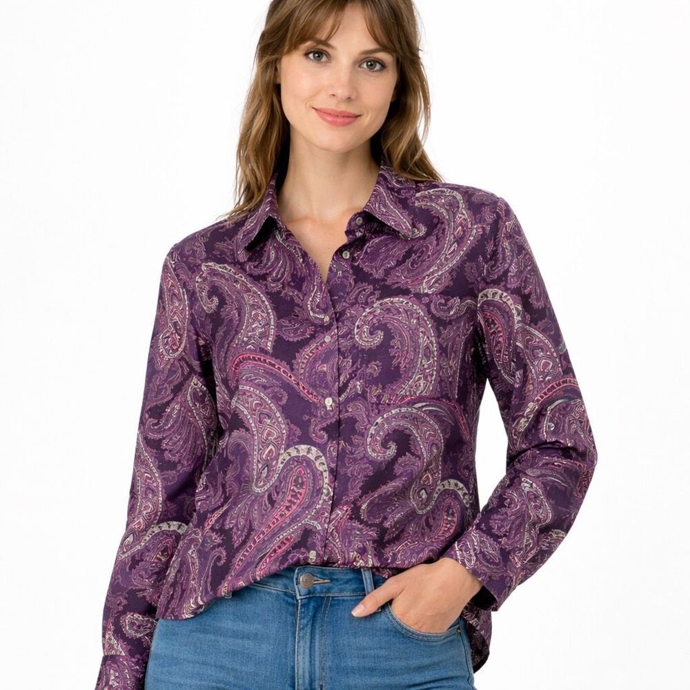 Vintage Purple Paisley Button Front Blouse Women’s Large Long Sleeve Boho Retro